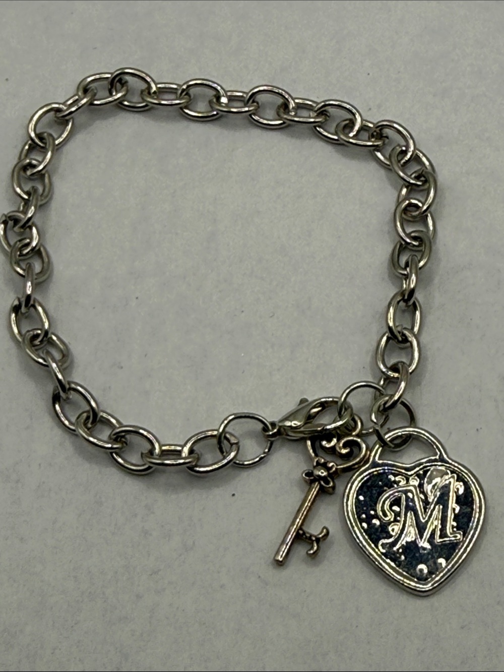 Heart & Key Silver tone untested Heart Initial "M" Charm Bracelet